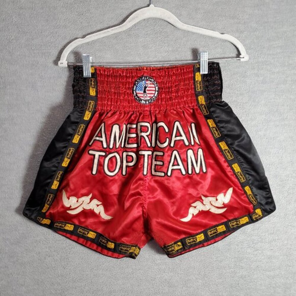 VINTAGE American Top Team Men Boxing Shorts Large‎ Red Muay Thai Black Out